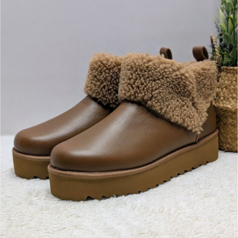 UGG Chestnut Ultra Mini Alina Curled Genuine Shearling Platform Boots W10 *NEW* - Picture 1 of 12